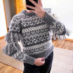 LoveShackFancy Gray Alpaca Blend Fringe Preppy Knit Sweater S FLAWED